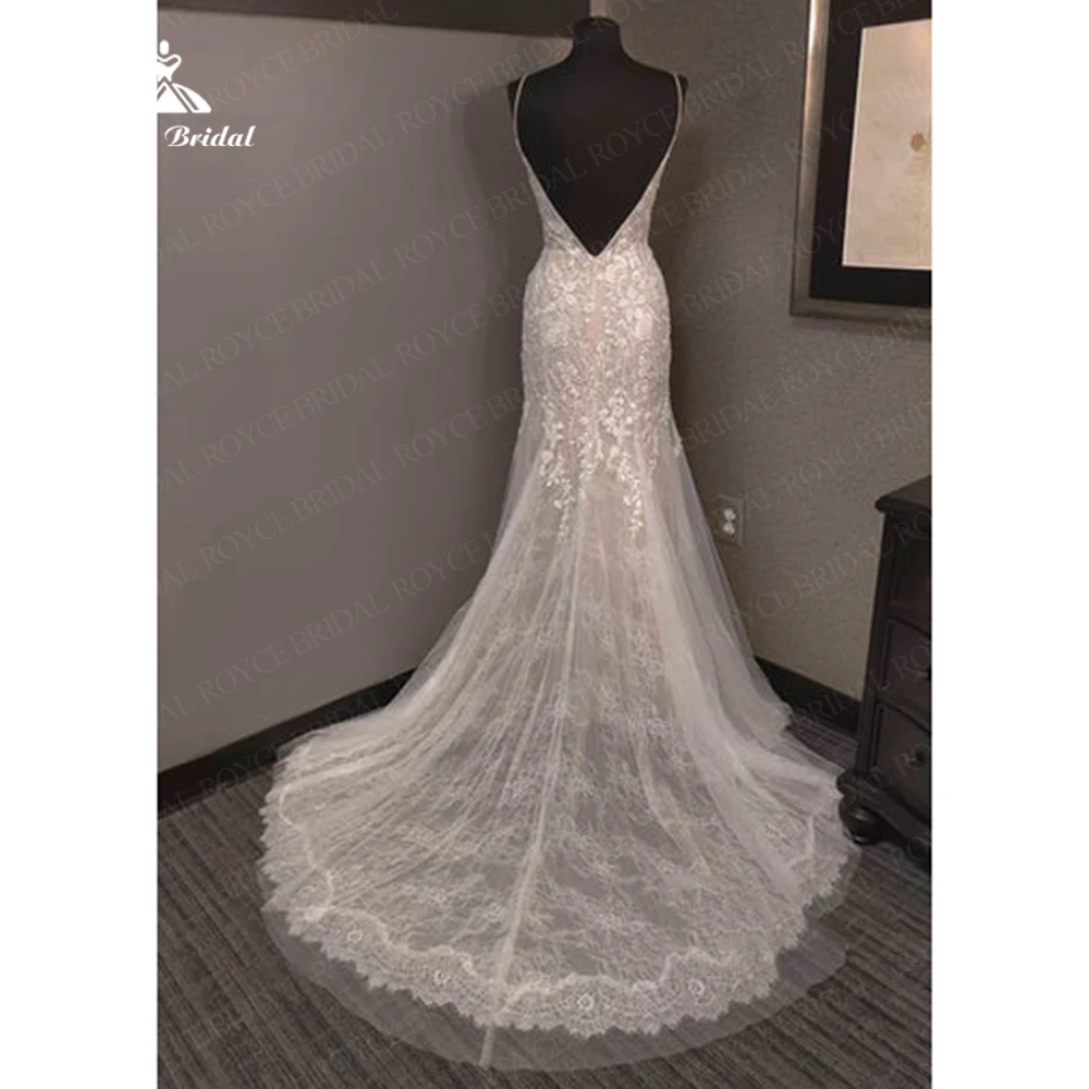 Luxus Perlen Spitze V-Ausschnitt Boho Brautkleider Spaghetti träger Blumen Vestido Blanco Boda Zivil Knöpfe zurück Brautkleider