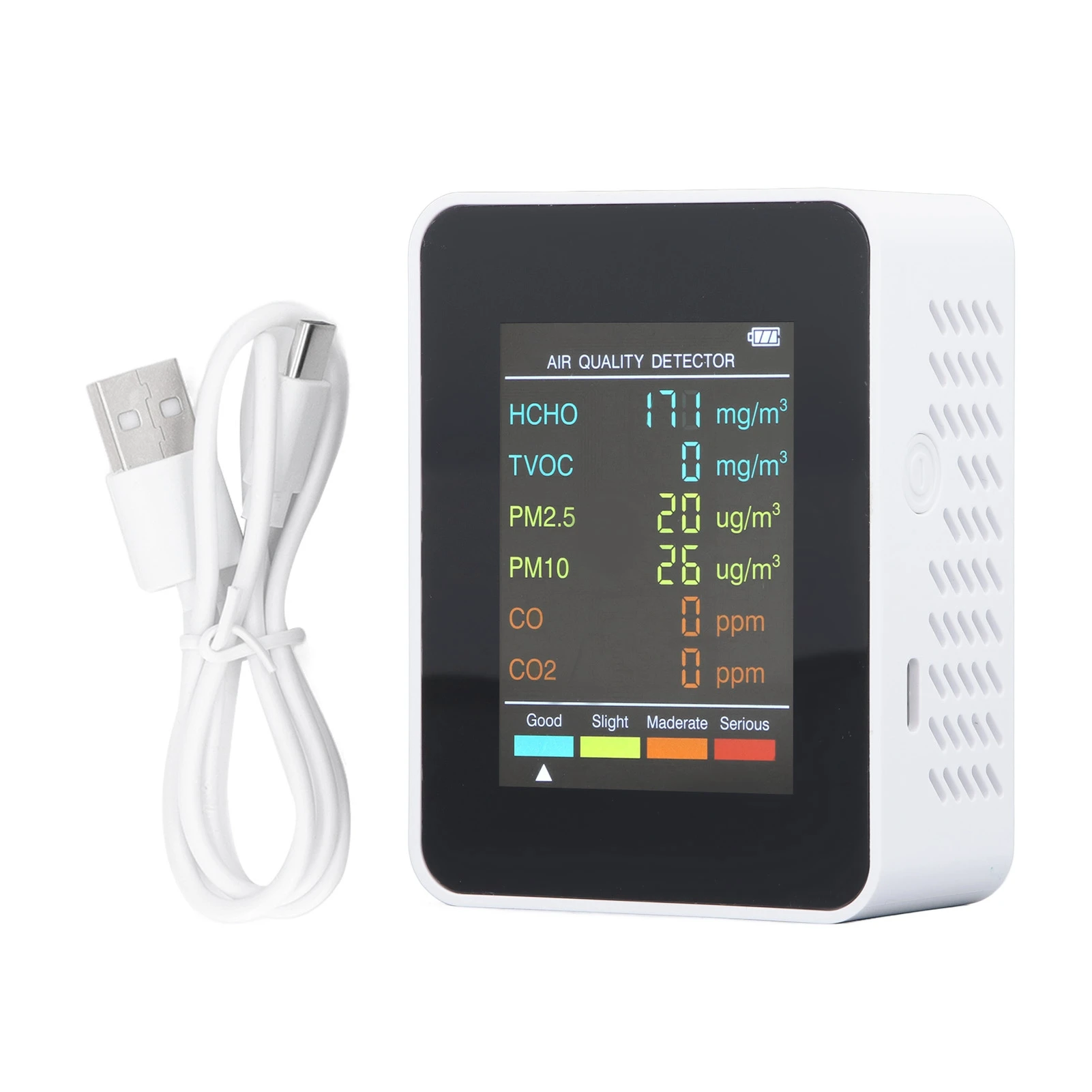 Draagbare luchtkwaliteitsmonitor met LCD-scherm met achtergrondverlichting, CO2-, TVOC-, HCHO-, PM2.5- en PM10-detectie, inclusief alarm.
