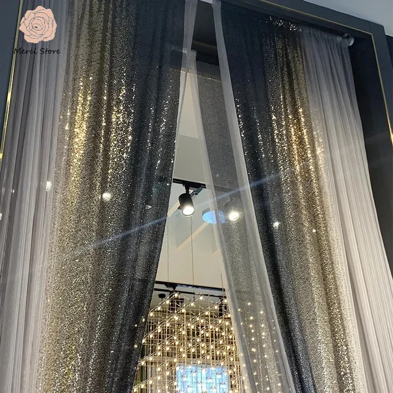 

American Gradient Embroidery Gold Tulle Curtains for Living Dining Room Bedroom Luxury Nordic Yarn Custom Window Screen Drapes