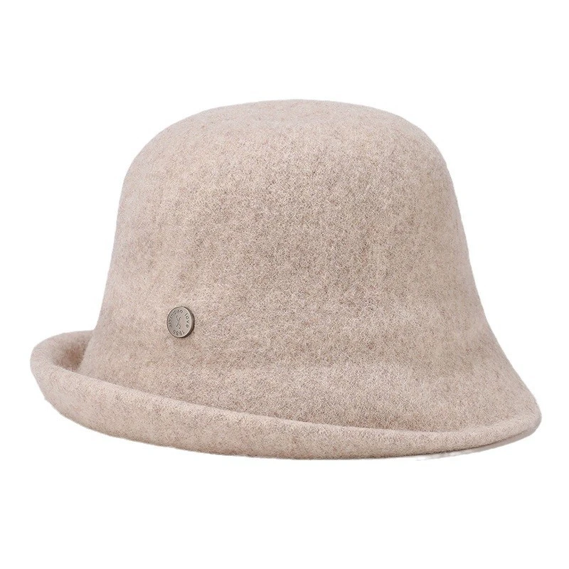 Autumn Winter British Retro Wool Fisherman Hat for Women Elegant Ladies Rolled Brim Bucket Hats
