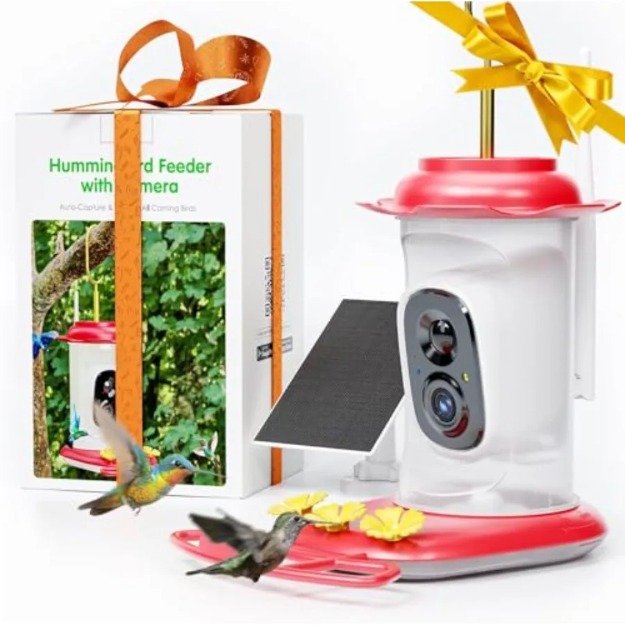 

Solar Hummingbird Feeder with Camera, 2K Live View Smart Humming Bird Feeder, AI Identify, Ant Guard and Moat, Bee Proof, 3 Fee