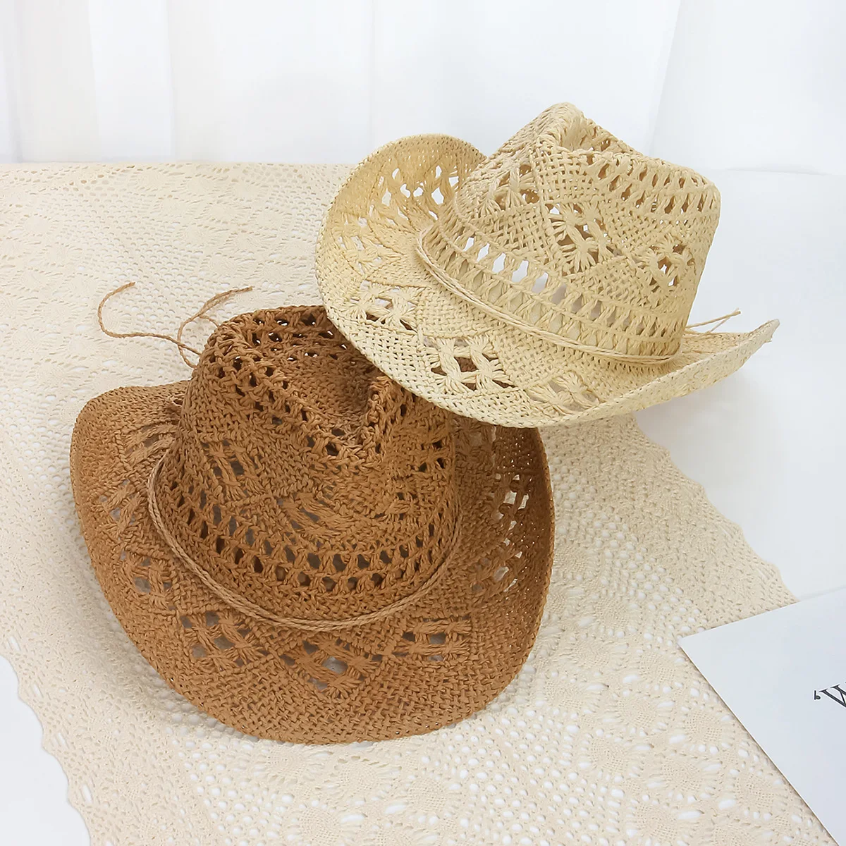 

Straw Western Cowboy Hat for Women Men Classic Vintage Hollow Out Unisex Curled Wide Brim Sun Hat Fishing Hat Climbing Cap