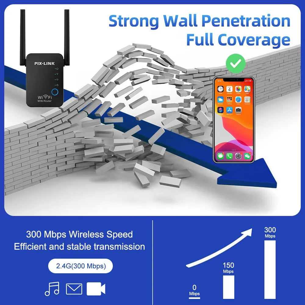 Mini roteador sem fio Repetidor WiFi, impulsionador do modo do ponto de acesso, sinal de longo alcance, extensor Wi-Fi, PIX-LINK WR17, 2.4G