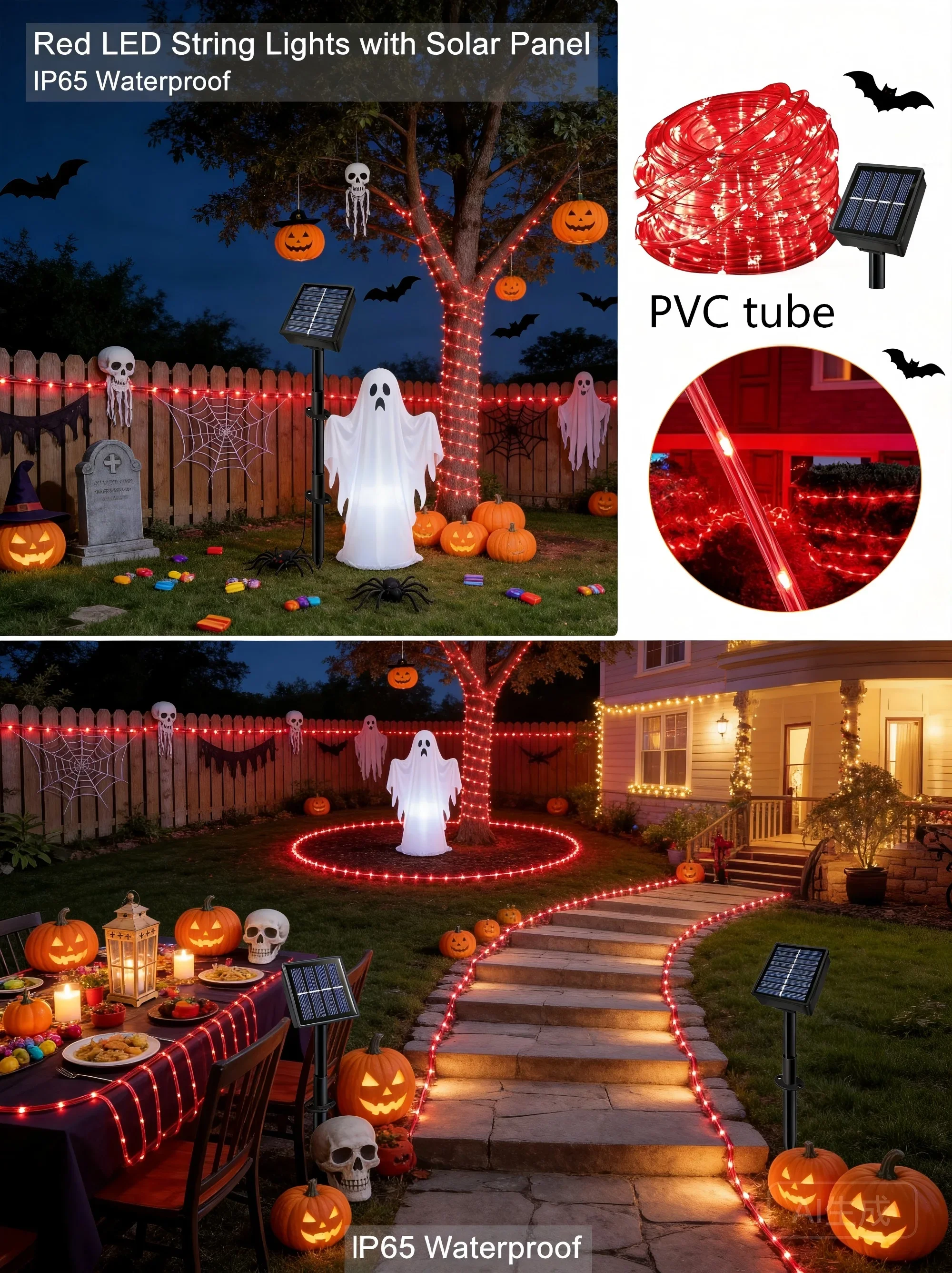 Solar Red Rope Lights 20M 200LED Multi Modes Waterproof Auto On Off Outdoor Fairy Lights for Garden Patio Tree Christmas Decor