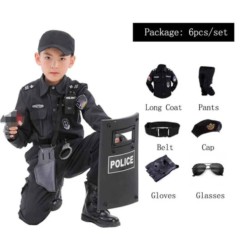 110-160Cm Police Costume Kids Swat Army Police Cosplay Costumes Halloween Suit Carnival Party Police Cosplay Uniform for Boys RZ