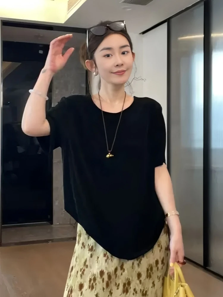 Elegant plus Size Black Backless Design Women's T-Shirt Belly Covering Slimming Short Sleeve Loose Fit Commute Style Korean V...