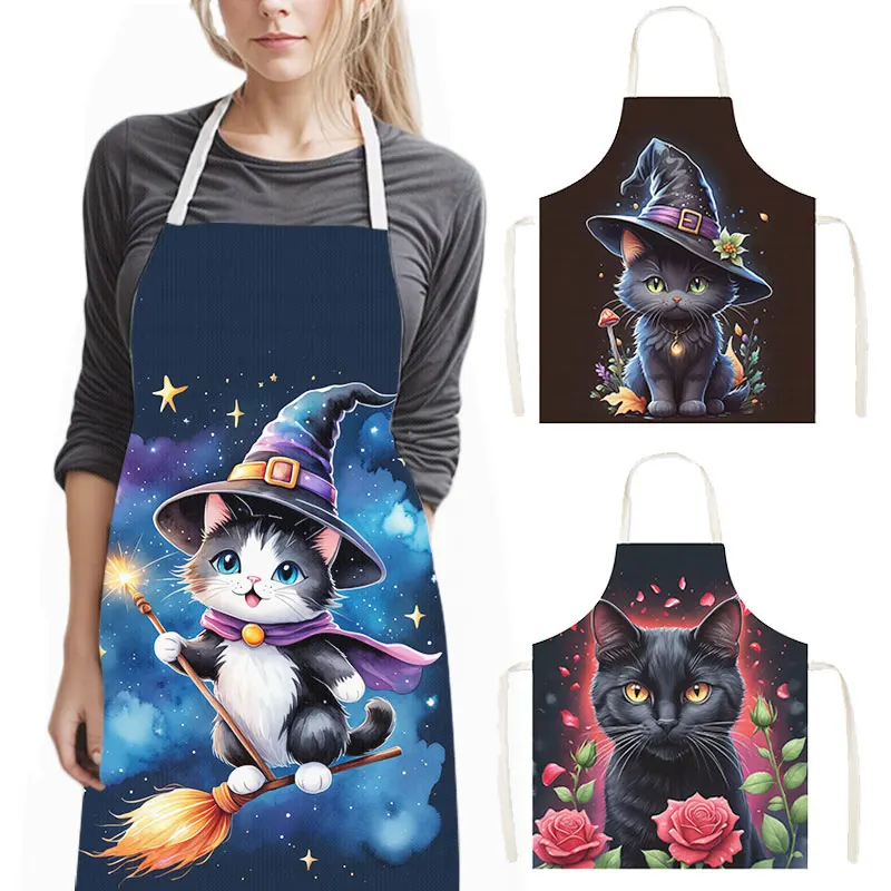 Fantasy Magic Cat Print Kitchen Apron Women Men Pinafore Household Cleaning Tool Baking BBQ Chef Waiter Cooking Aprons