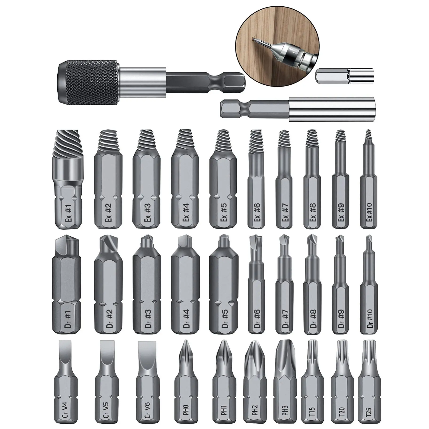 33pcs Damaged Screw Extractors Set High Steel Reverse Tooth Reverse Broken Extractor with Socket Adapter Extension Bit Holder