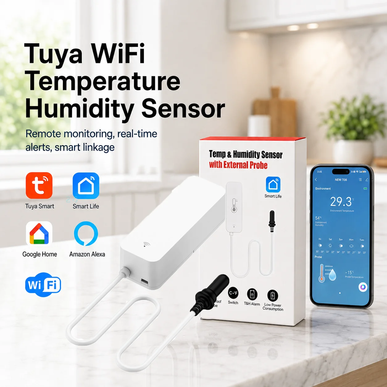 Tuya WiFi Temperature Humidity Sensor External Probe Smart Thermometer Hygrometer APP Remote Control Work with SmartLife
