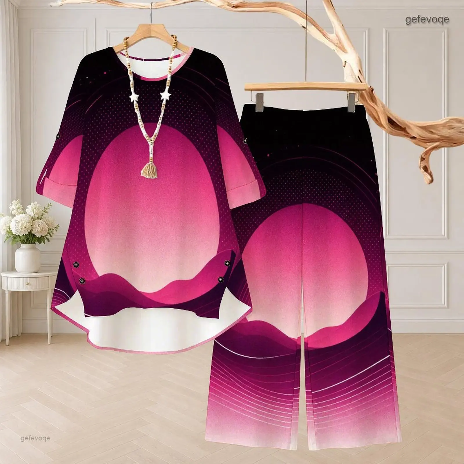 Women Printed Gradient Round Neck 3/4 Sleeve High Low Top and Long Pants Two Piece Set