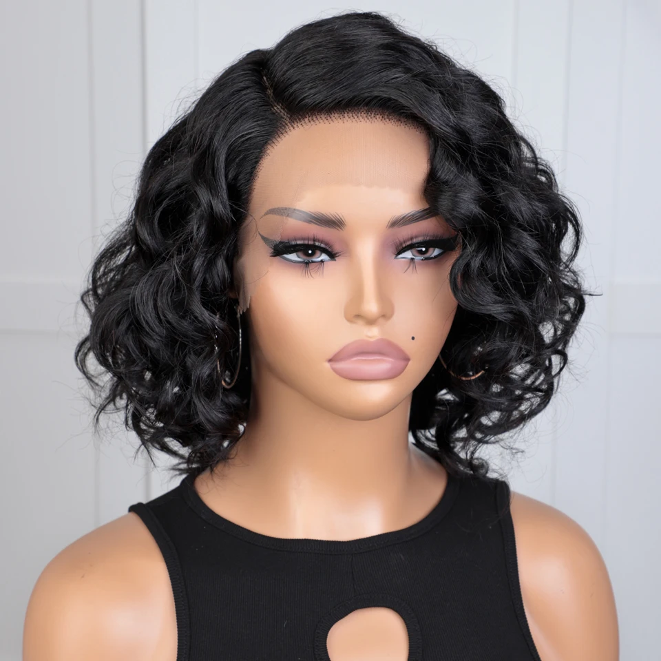 Lekker preto curto encaracolado bob 13x1 c parte frente do laço 100% perucas de cabelo humano para as mulheres cabelo remy brasileiro colorido sem cola 12 "perucas