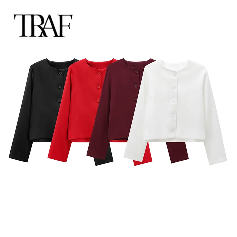 TRAF Spring Autumn Women Fashion Solid Jackets Thin Short Coat Single Breasted Long Sleeves Female Chic Lady Outfits