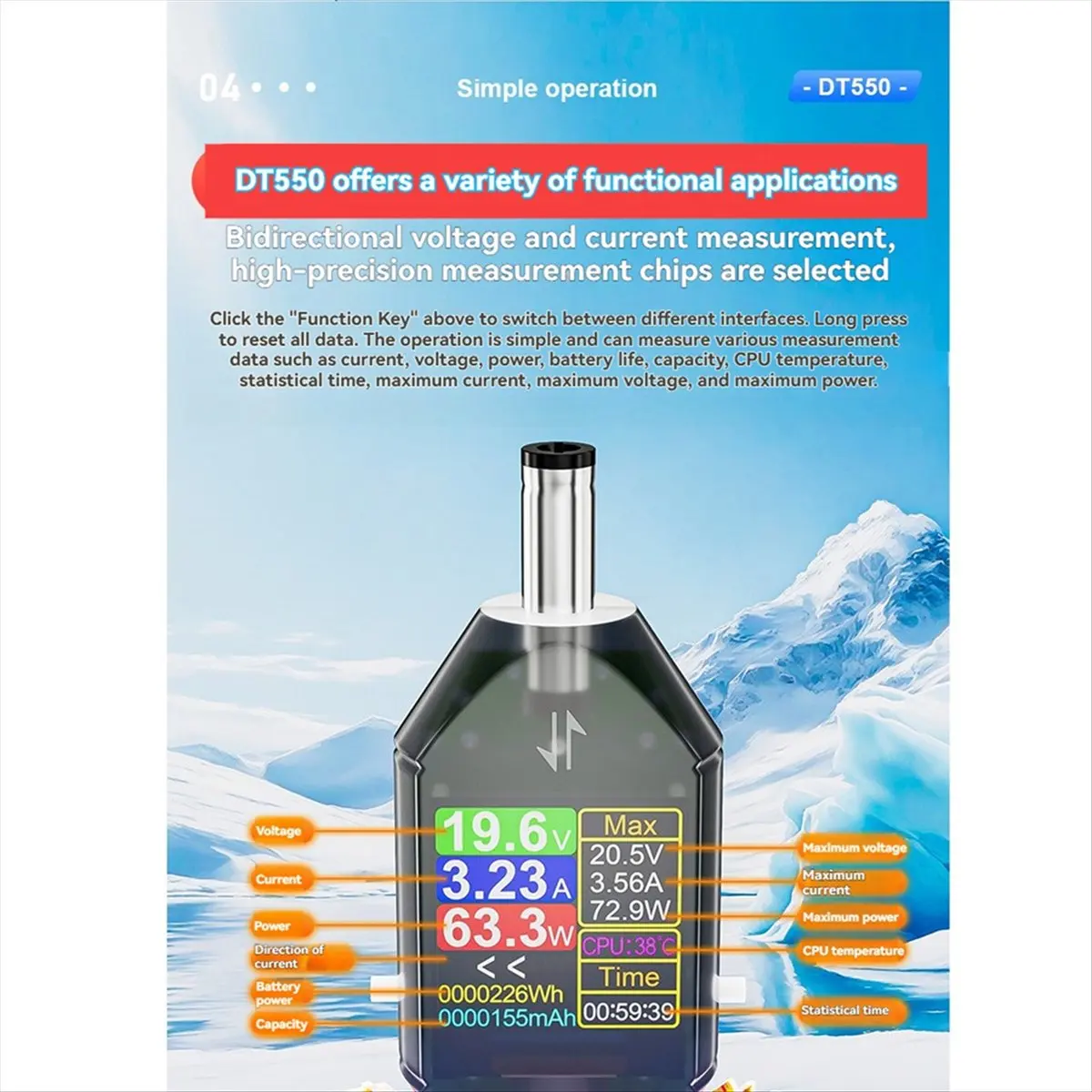 DT550 600W Digital Voltage Current Tester DC5.5x2.5mm Interface Digital Power Meter Power Capacity Meter DC4.5-50V B