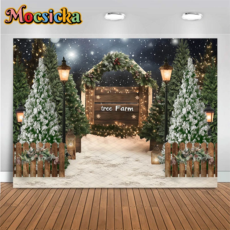 

Mocsicka Christmas Tree Backdrop Washable Without Fading Winter Snow Farm Photography Background Green Forest Lamp Decors Banner