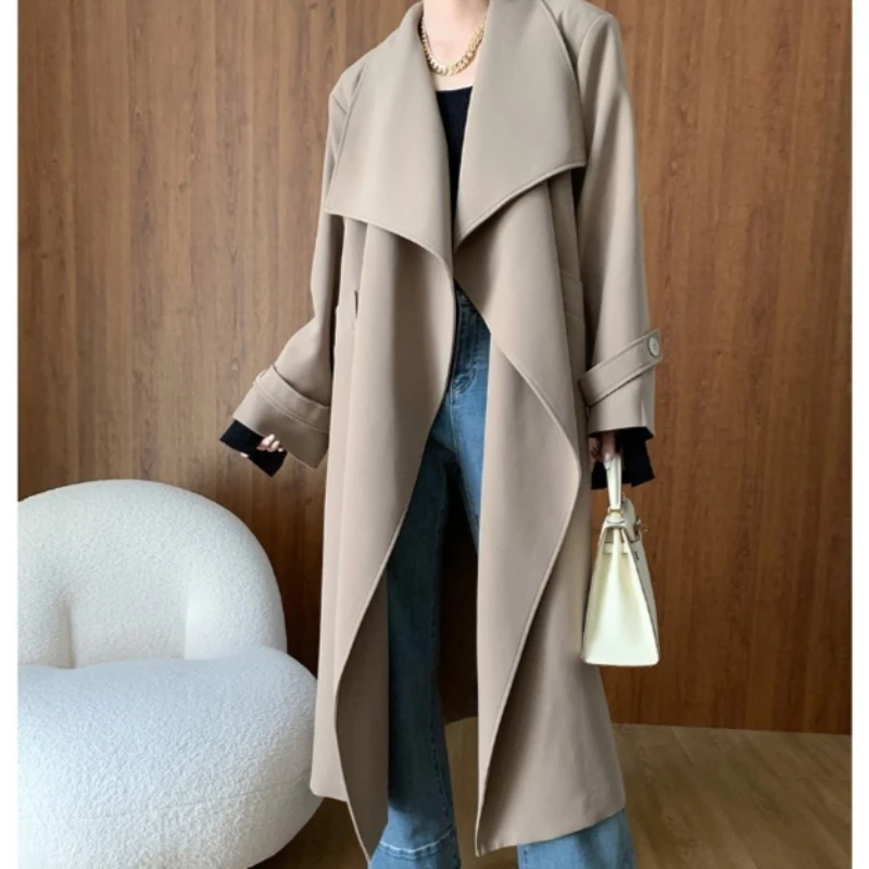 

Trench Women Long Coats Jackets Turn Down Collar Coat Lace Up High Waist Y2k Streetwear Jacket Work Outerwear Autumn Winter