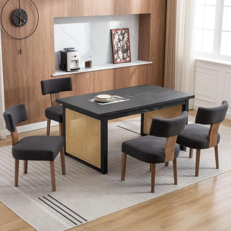 

Набор обеденных стульев из четырех предметов из льна, современные деревянные ножки с изогнутой спинкой, стиль фермерского дома