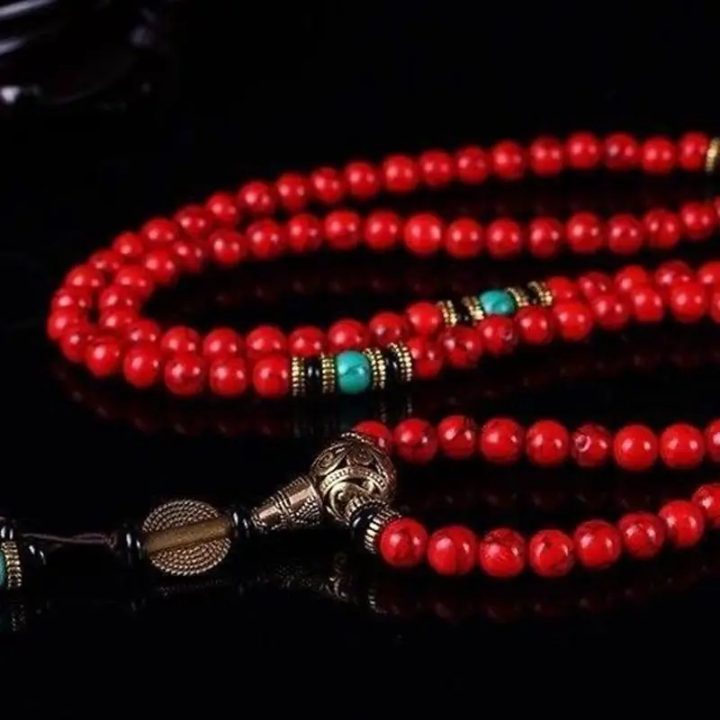 108 Prayer Beads Tibet Buddhist Red Howlite Turquoise Mala Necklace--8mm