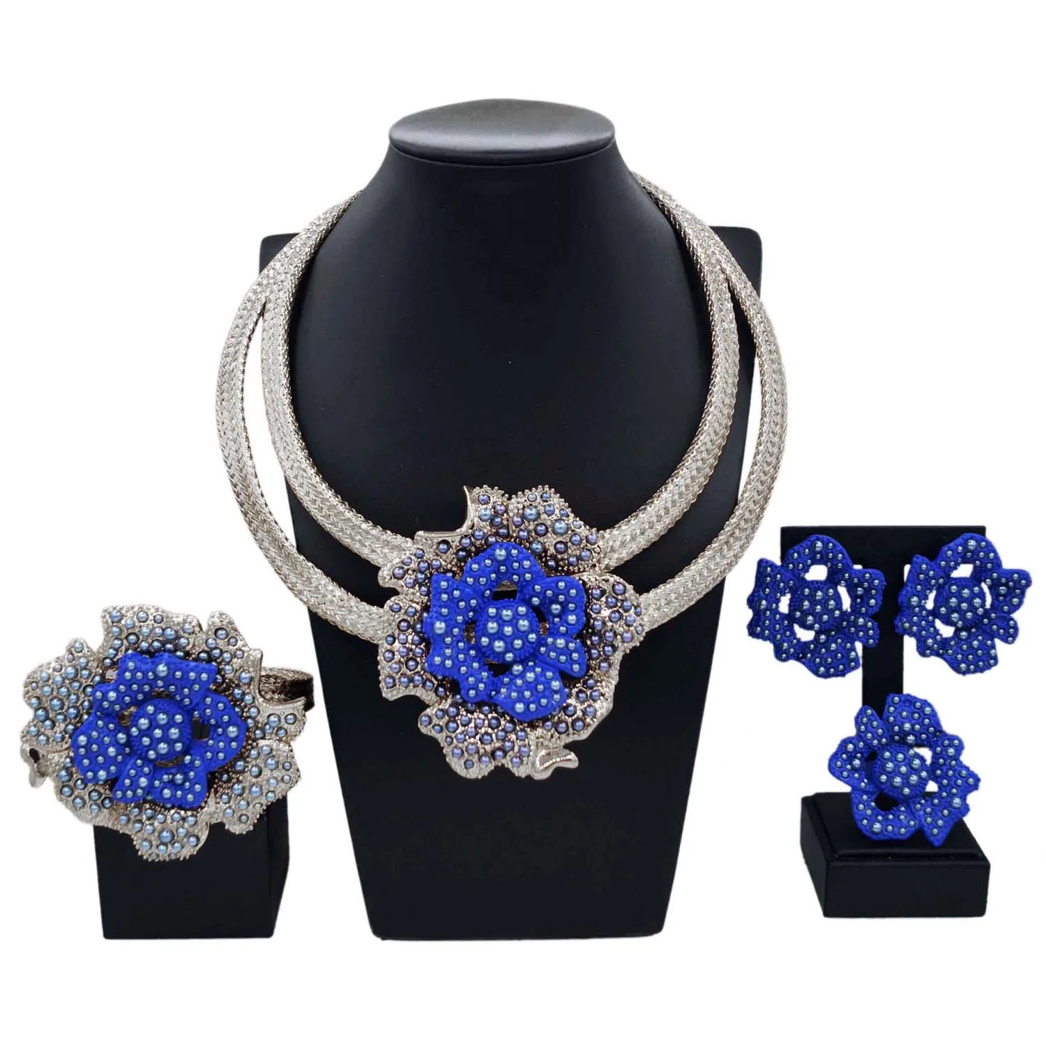 

Yulaili Couples Date Luxury Jewelry 4-piece set Unique Romantic Blue Flower Earrings Engagement Ring Dubai American Ladies Gift