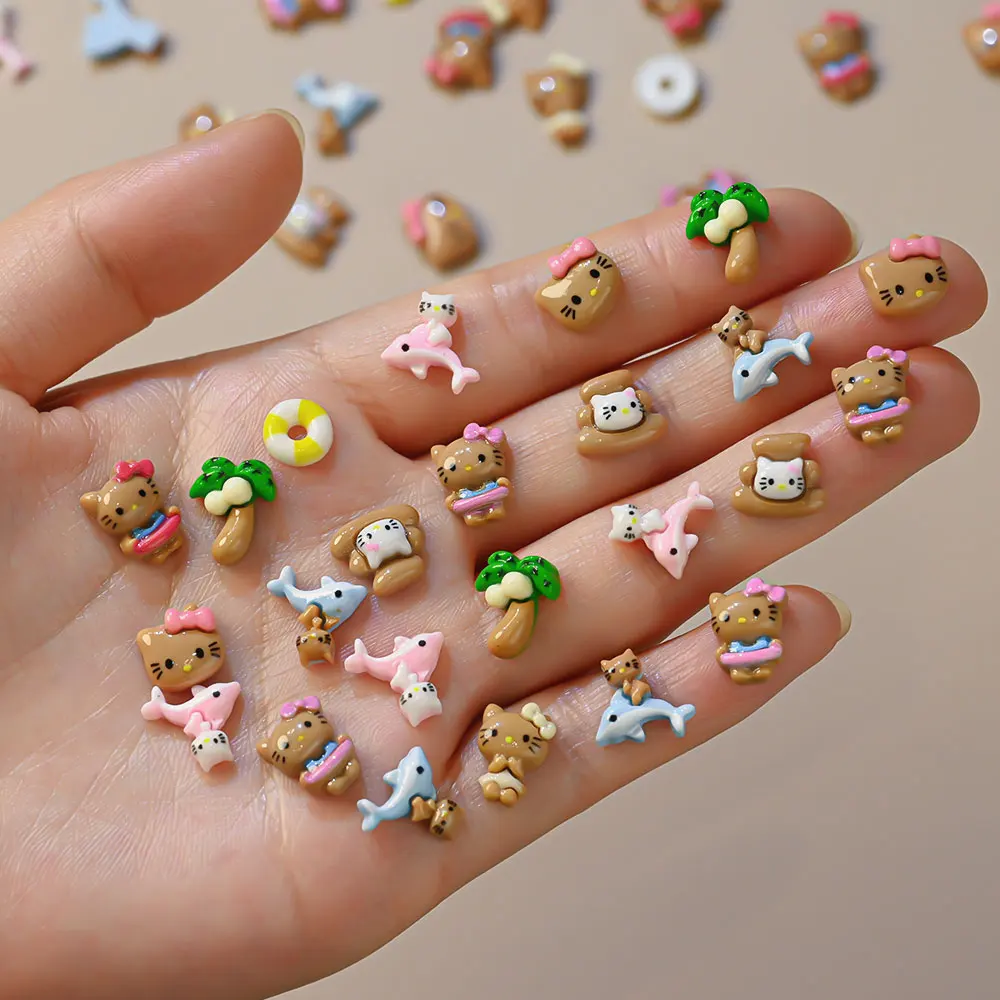 Breloques de bronzage Hello Kitty pour Nail Art, cocotier, cercle de natation, dauphin, Kawaii, décoration d'ongles, bricolage, bijoux d'été, 50 pièces/sac