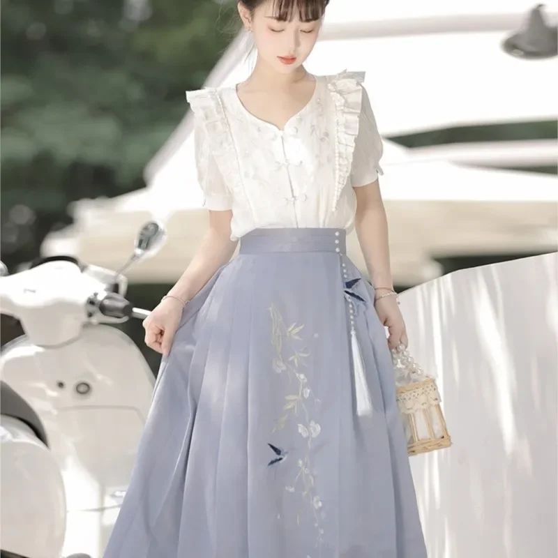 

Original Improved Hanfu Dress Women's New Chinese Style Daily Girly Han Element Blouse Horse Face Skirt Suit Summer Mamian Dress