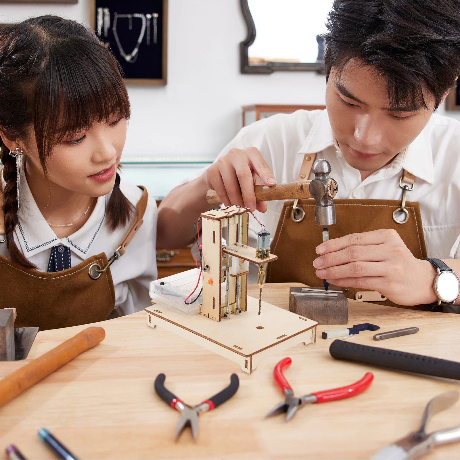 

1 Set Mini Desk Bench Drill Press Kit Diy Science Education Project Wood Plastic Drilling Tool Crafts Household Woodworking Mini