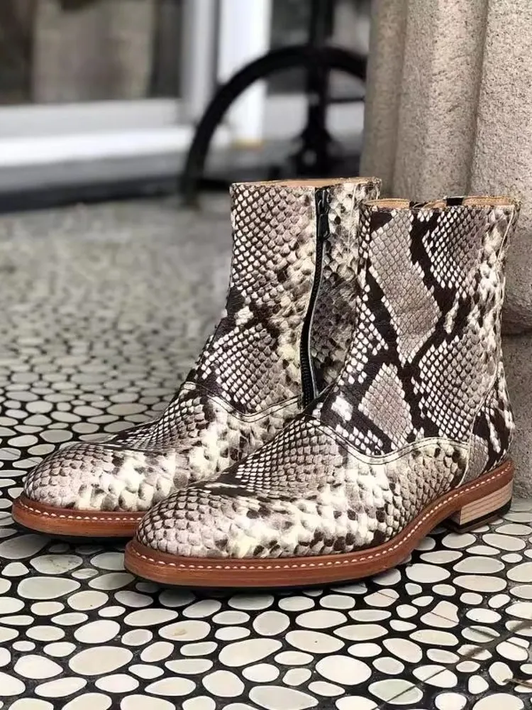 Vintage Mens Snake Pattern Cowhide Genuine Leather Ankle Boots Punk Stage Show High Top Shoes Handmade Motorcycle Safety Boots