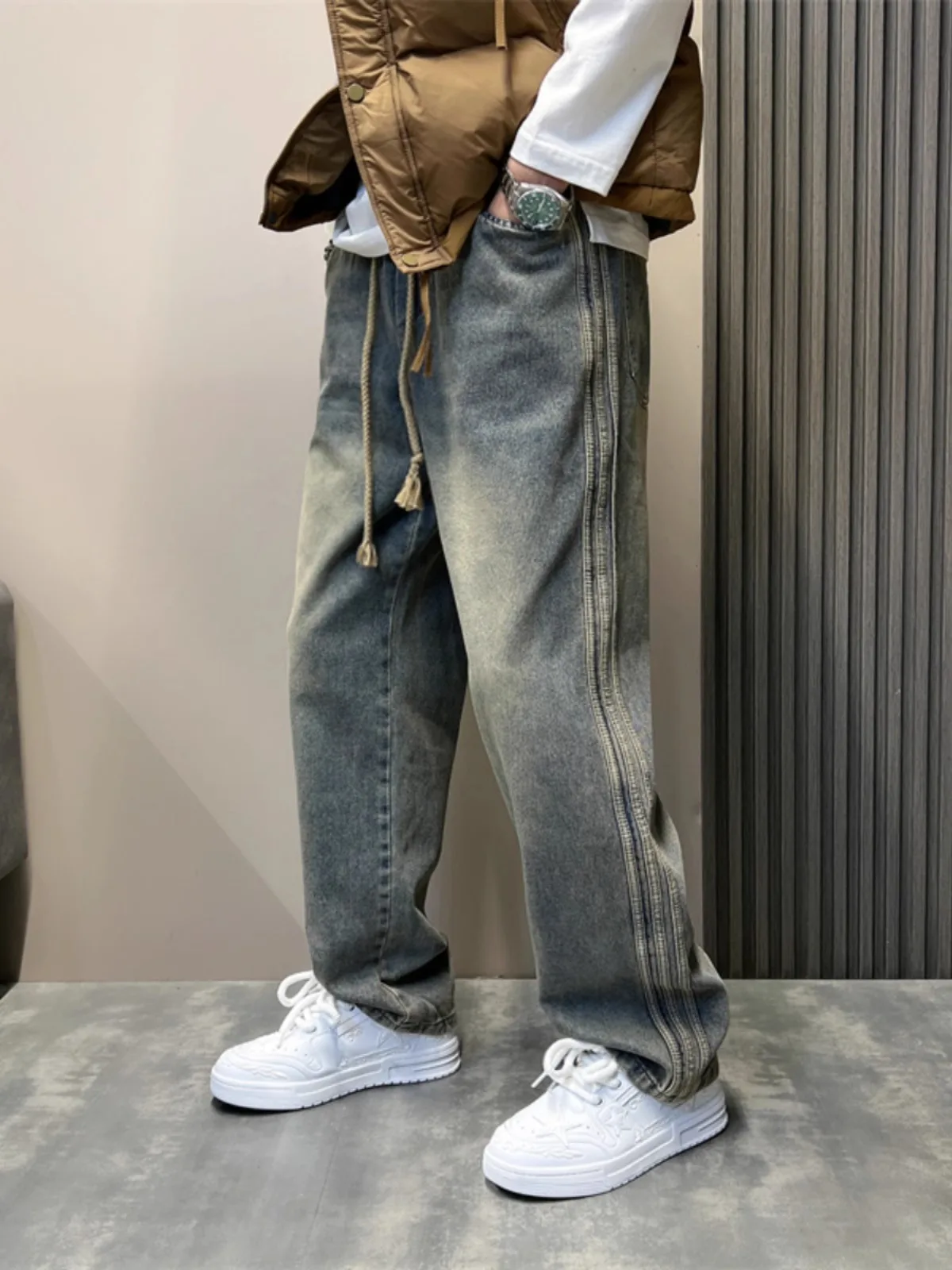 

Large Size Straight Leg Men's Jeans Summer High Street Washed American Style Side Stripe Wide Leg Pants Casual Youth Wear
