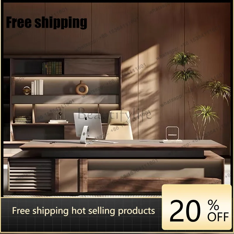 zj.Brown Drawers Executive Office Desk Cheap Designer Adjustable Gaming Computer Desk Study Large Scrivania Work Station Table