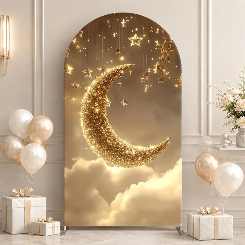 Single Side Arch Backdrop Cover Golden Moon and Starry Sky Backdrop for Elegant Weddings or Galas with Cloud Base and Floral