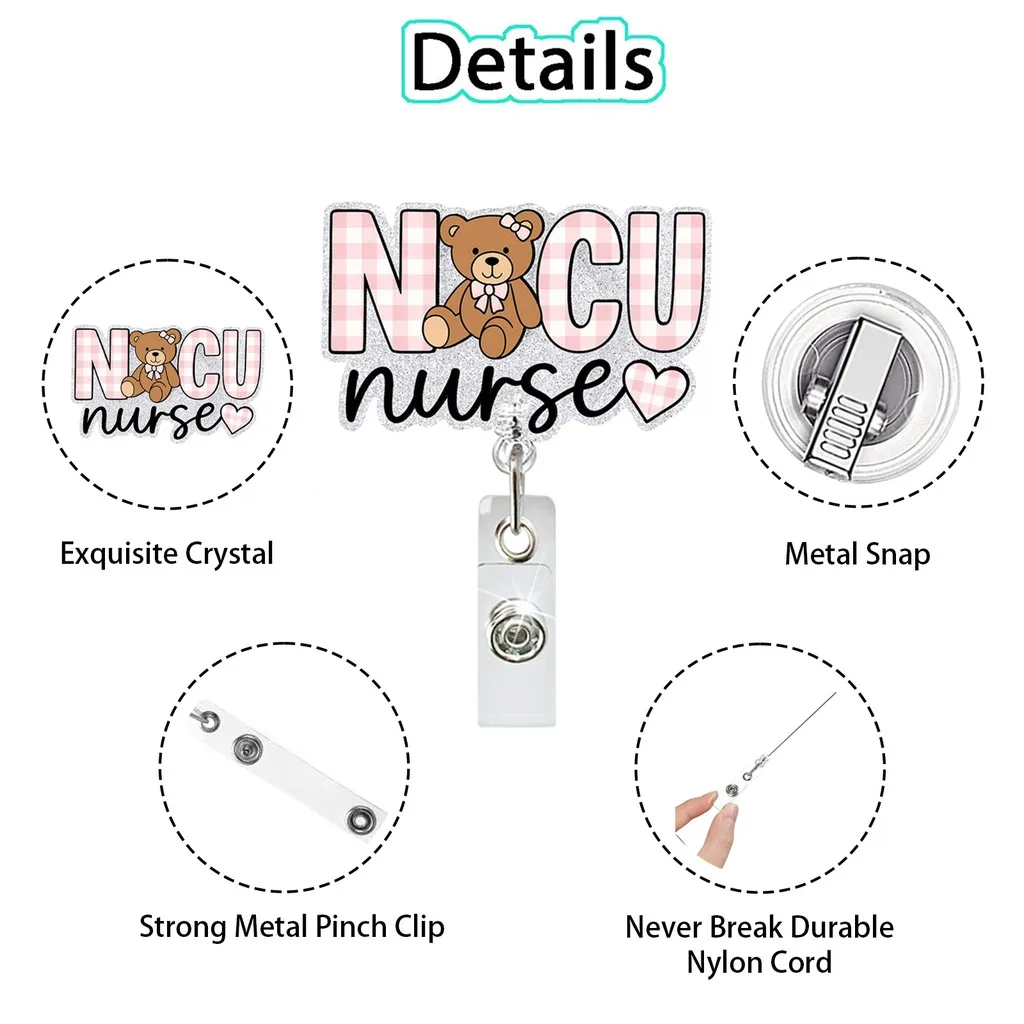 Retractable Rotatable ID Badge Reel, Cute NICU Nurse Themed Acrylic Badge Holder With Durable Metal Clip for Medical Staff