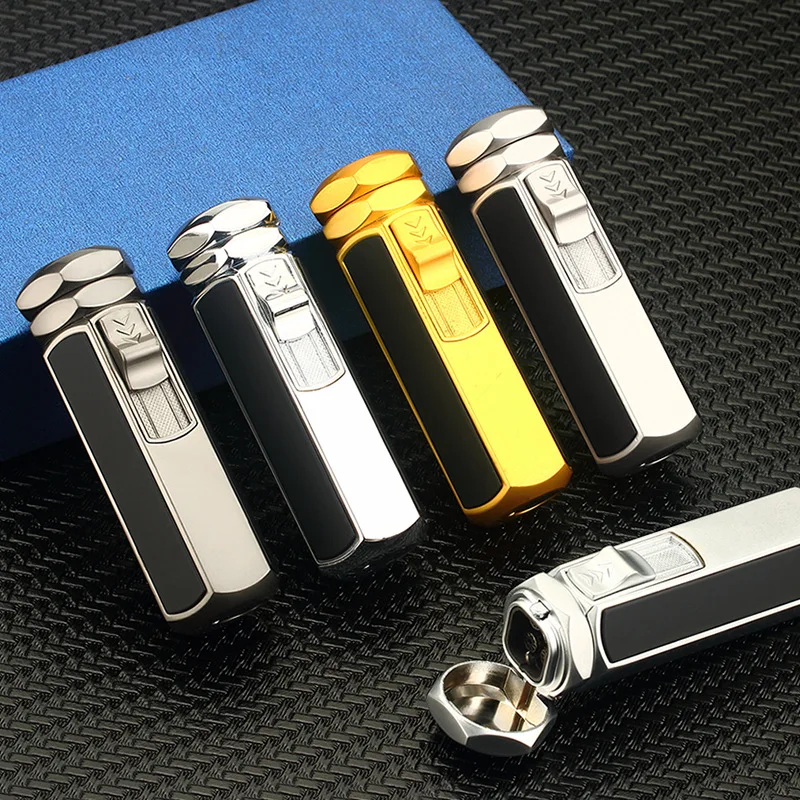 New metal outdoor windproof butane gas lighter with four direct spray blue flame spray guns, men's gift cigarette accessories