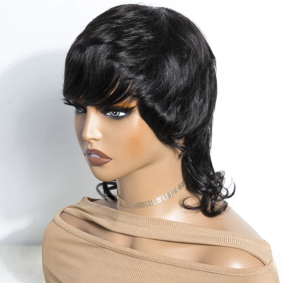 Sleek Short Pixie Cut Human Hair Wigs For Women Natural Black Remy Brazilian Hair Wigs For Man Short Wigs With Bangs In Back