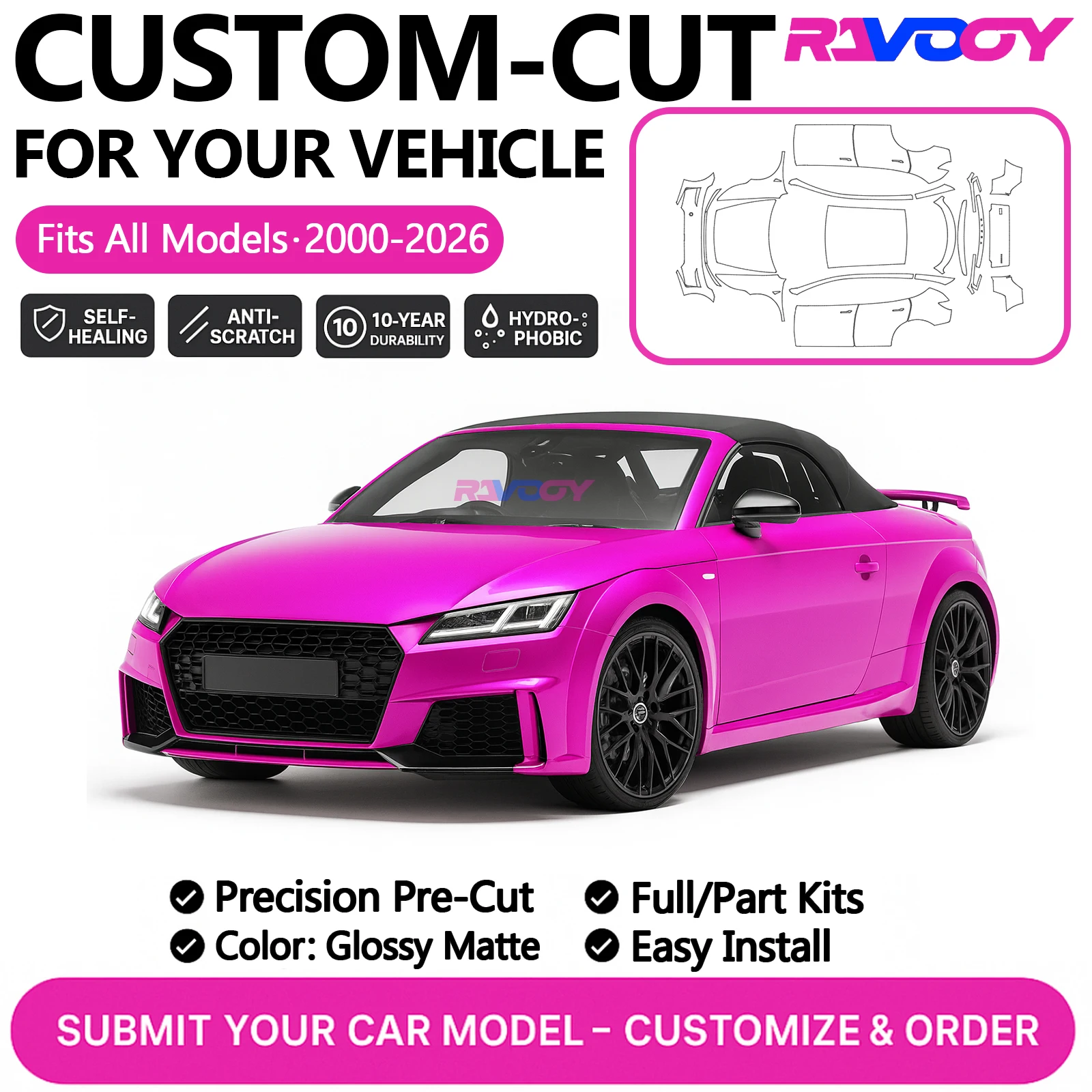 

Изготовленный на заказ комплект PPF для Audi TT TTS R8 2019–2026, защитная пленка для краски, глянцевая матовая пленка из ТПУ, полный автомобильный комплект, комплект переднего и заднего бампера, капот