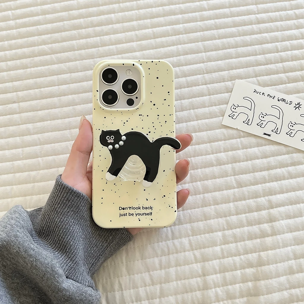 Simplicity Splash-ink Cute Cartoon Black Cat With Holder Cover Case For iPhone 15 14 13 12 11 Pro Max