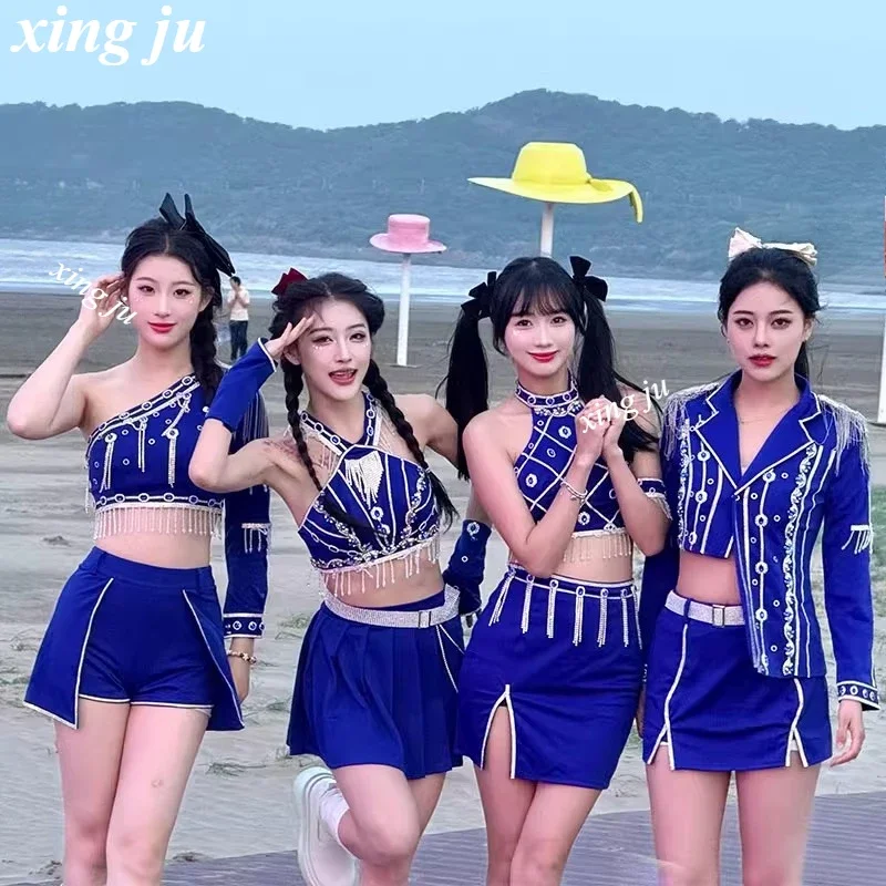 

Kpop Female DJ Dance Outfit Nightclub Singer Stage Costume Cheerleader Women Group Jazz Dance Halter Tops High Waist Slit Skirt