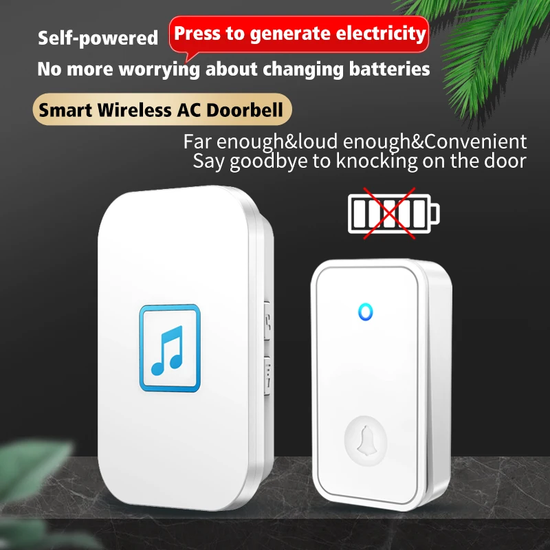 CACAZI Smart Self-powered Waterproof Wireless Doorbell 60 Chimes 150M Remote Smart Door Bell Chime EU UK US Plug Optional