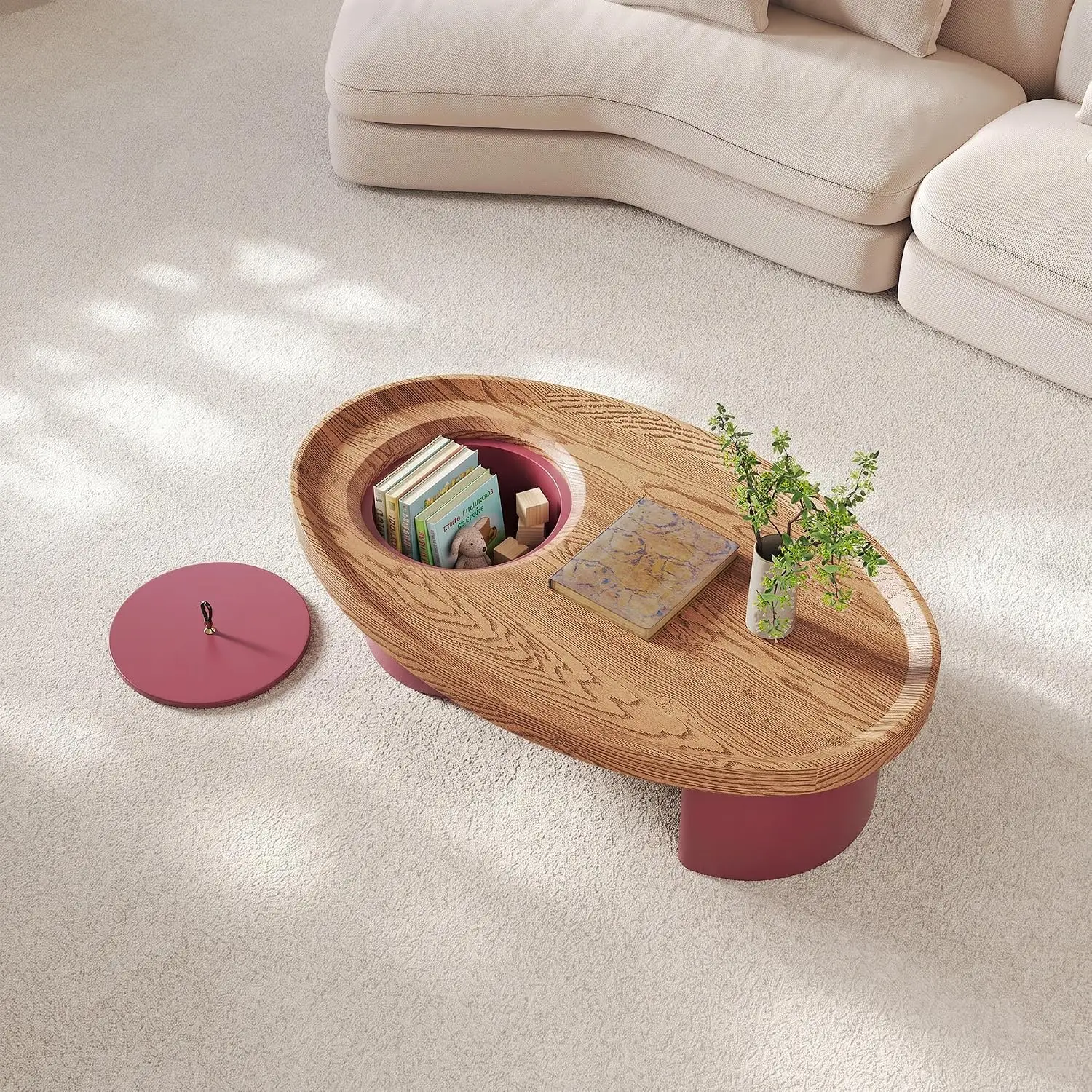 Oval Coffee Table Bucket Storage Mid-Century Modern Walnut Top Red Legs, Customized