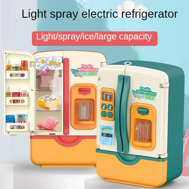 Simulation Refrigerator With Light Spray Fruits Food Ice Maker Children Play House Electric Music Kitchen Toys Set Girls Gifts