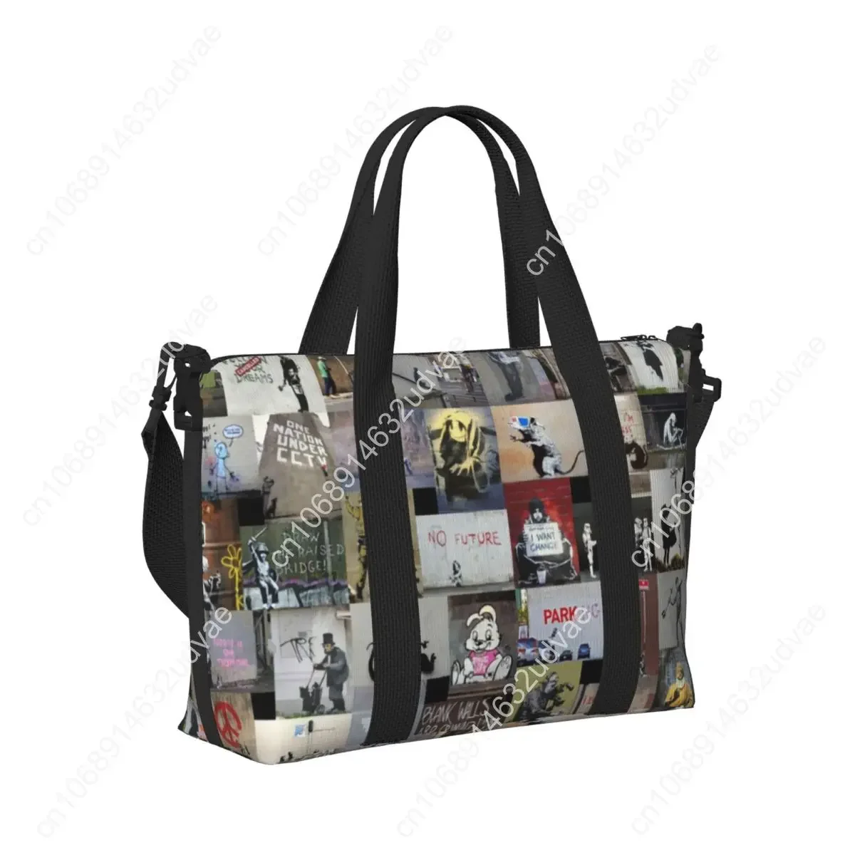 Tas Tote Banksy Inggris Kustom untuk Wanita Kapasitas Besar Tas Perjalanan Pantai Gym Seni Jalanan Grafiti