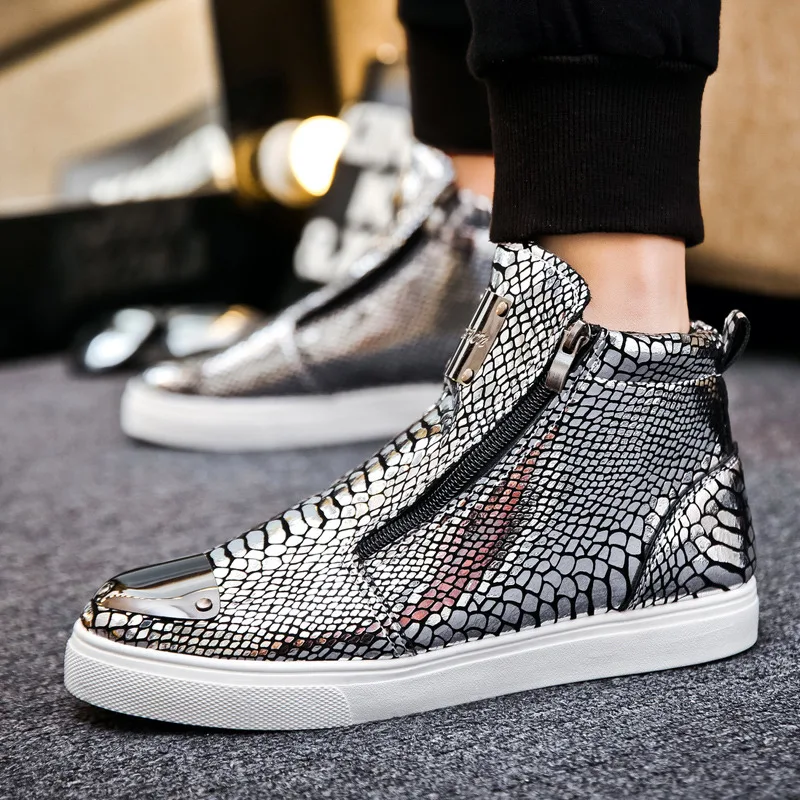 Fashion Zipper Men Golden Sneakers Luxury Leather Glitter Men\'s Designers Shoes High Top Crocodile Skateboarding Sneakers Men