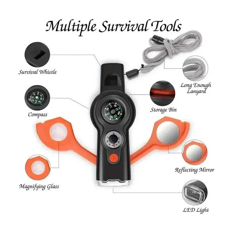 7in1 Outdoor Multifunctional Survival Whistle Flashlight Reflector Magnifying Glass Storage Compartment Compass Thermometer