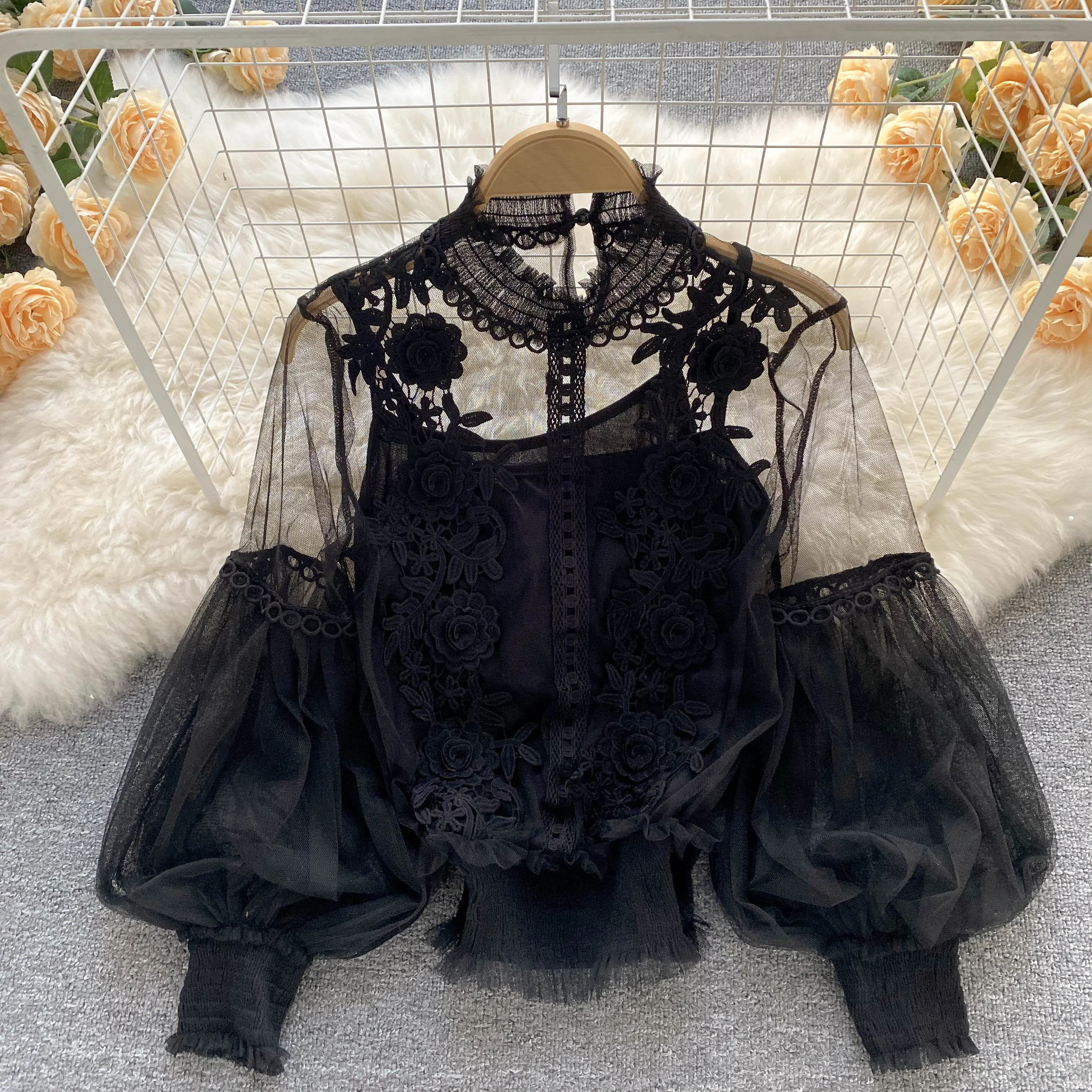 Elegant Lace Gauze Patchwork Long Sleeve Blouse Chic Vintage Korean Fashion Crop Top Women Autumn Shirts Gothic Clothing