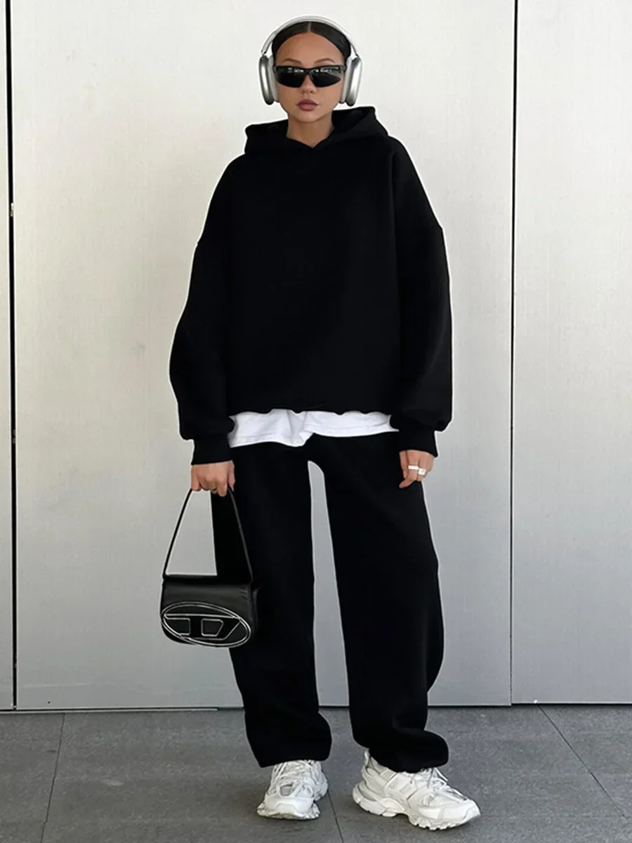 Wolfeel Solid Color Hoodies Pants  2-Pieces Sets Winter Thicken Fleece Women's Sweatshirt Oversized Fashion Warm Pullovers Sets