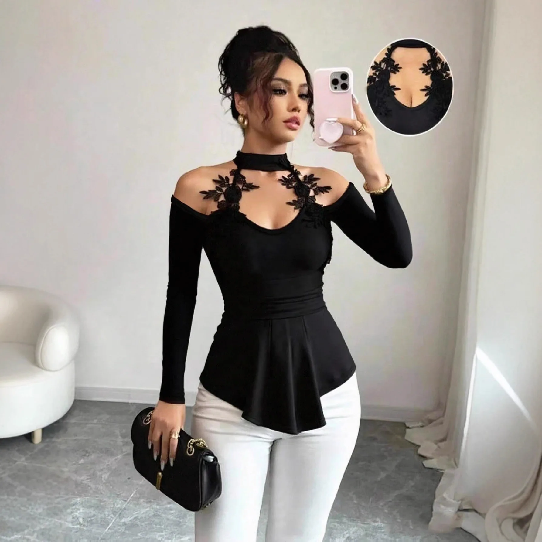 

2026 Spring Autumn Women's Lace Applique Cold Shoulder Top Cut Out Ruched Peplum Curved Hem Slim Fit Elegant Blouse