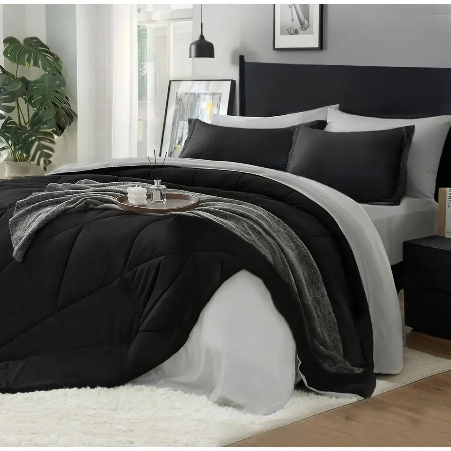 

Комплект постельного белья Queen Comforter Set, 7 предметов, из мягкой микрофибры, двусторонний, черный, с одеялами, простынями, наволочками и декоративными наволочками.