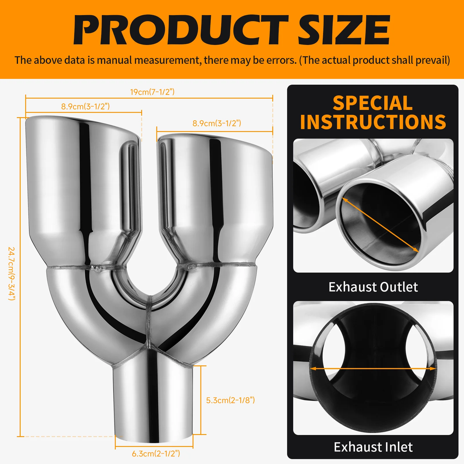 Punta di scarico doppia bolt-on lunga da 2,5" in 3,5'' fuori 9,5" Estremità quadrata arrotolata Un cambio Due punte per tubo di scappamento piegato con taglio a doppio bordo