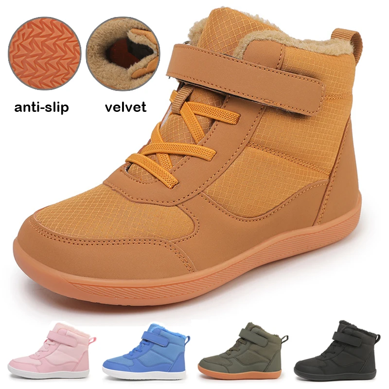 Waterproof children's winter barefoot snow boots for boys and girls, wide-foot cotton shoes for toddlers/small/middle children