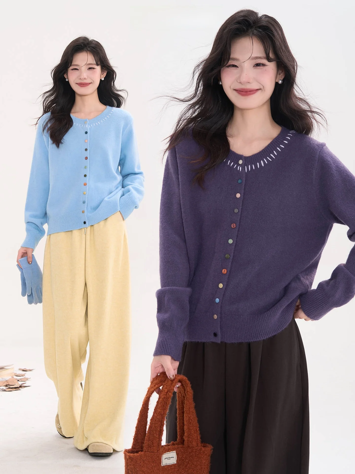 

Warm round Ne Knitted Sweater with Button Detail Heme Window Flower Field Women's Autumn Winter Cardigan Color Long S...