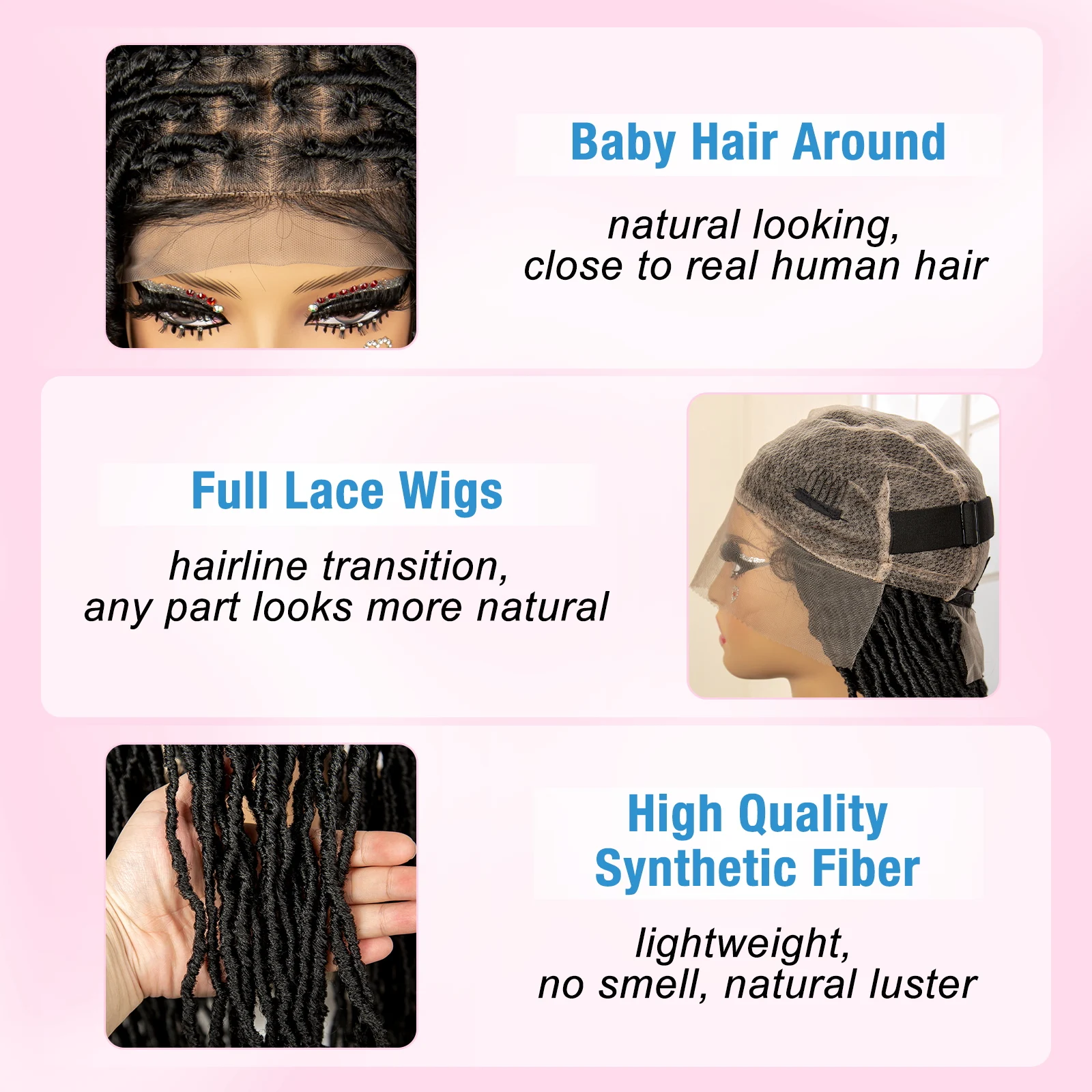 Perruques tressées Full Lace Locks pour femmes noires, 24 pouces, tresses Dreadlock sans nœuds, perruque de tressage en dentelle synthétique