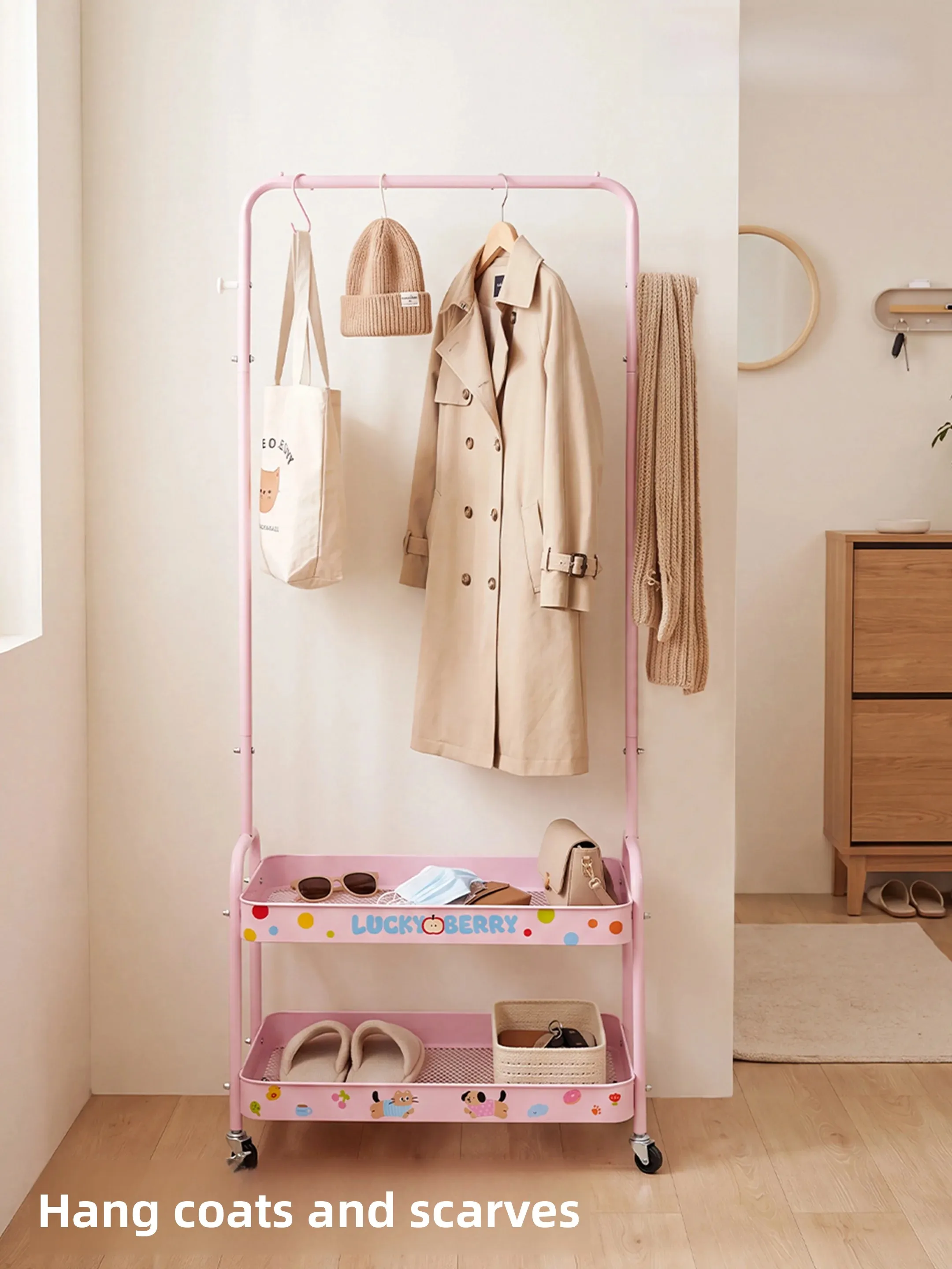 Pink Floor Mounted Double Layer Clothes Hanger Rack Bedroom Home Use Portable Storage Organizer for Coats Scarves And Hats